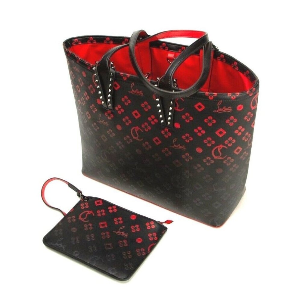 Christian Louboutin Black and Red bottom Studded Tote Bag With Pouch Set